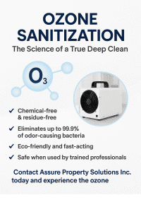 Digital promotional graphic illustrating ozone sanitization benefits, featuring an ozone generator device and key points such as chemical-free, eco-friendly, and 99.9% bacteria elimination.