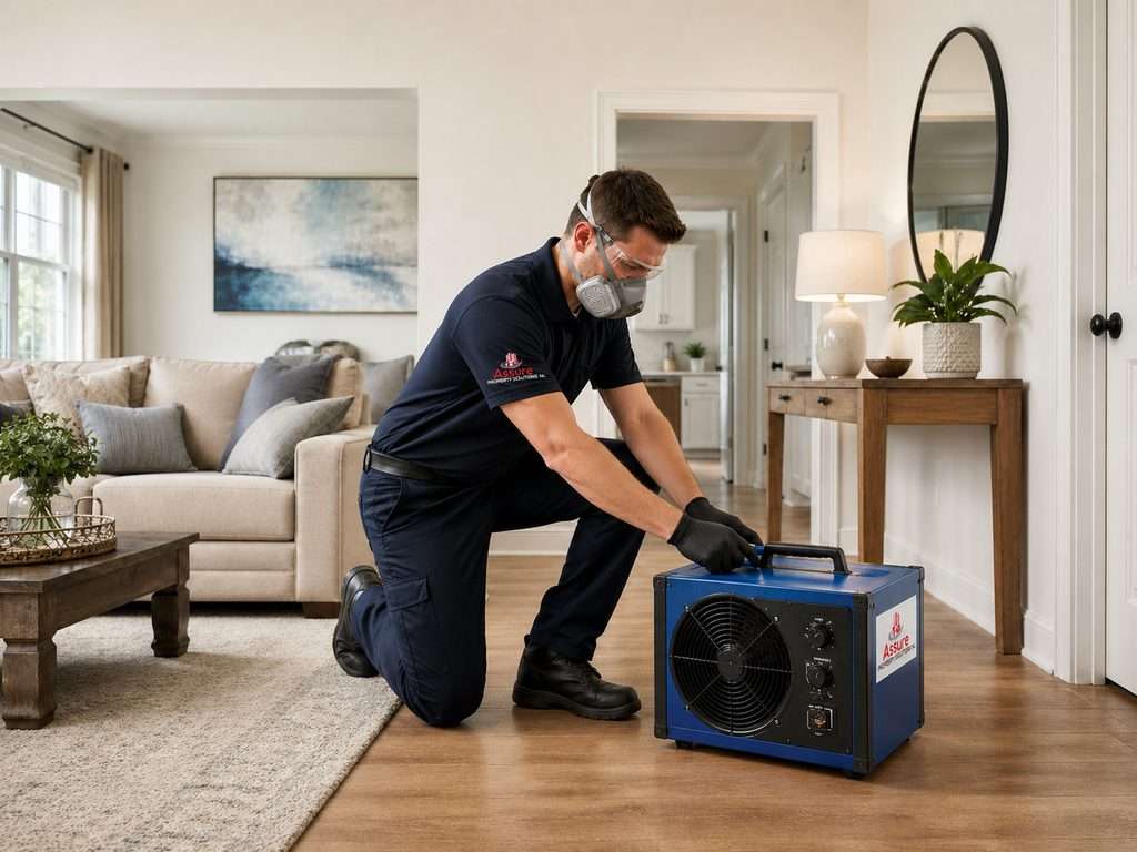 Technician performing ozone odor removal service in a home living room in Kelowna BC