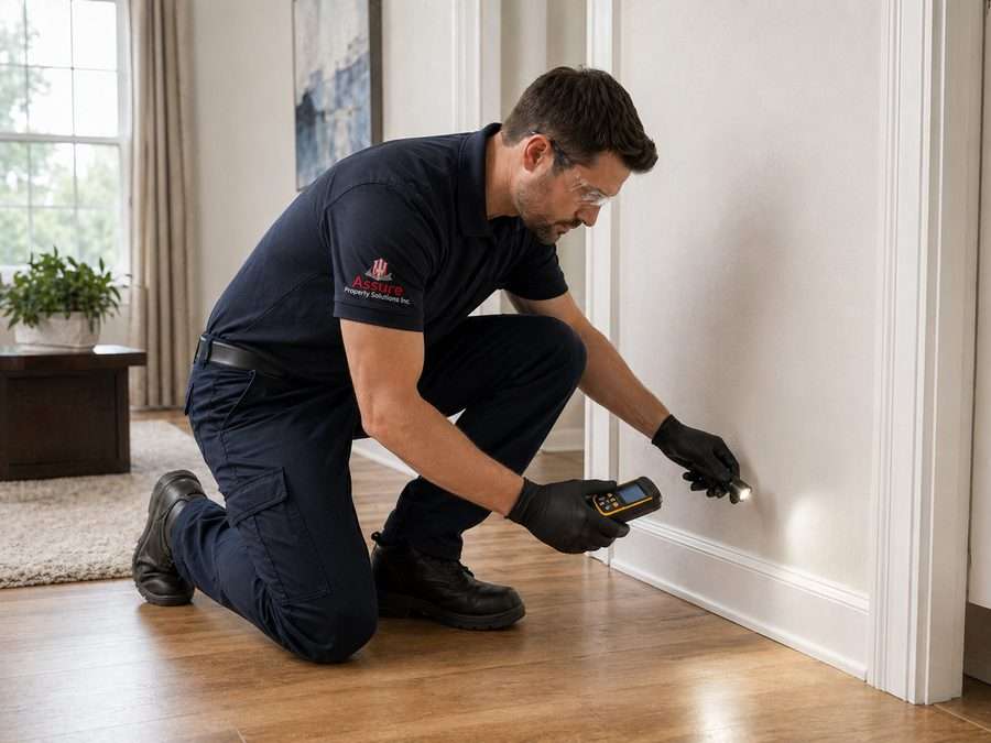 Assure Property Solutions technician performing ozone odor removal service in a residential room