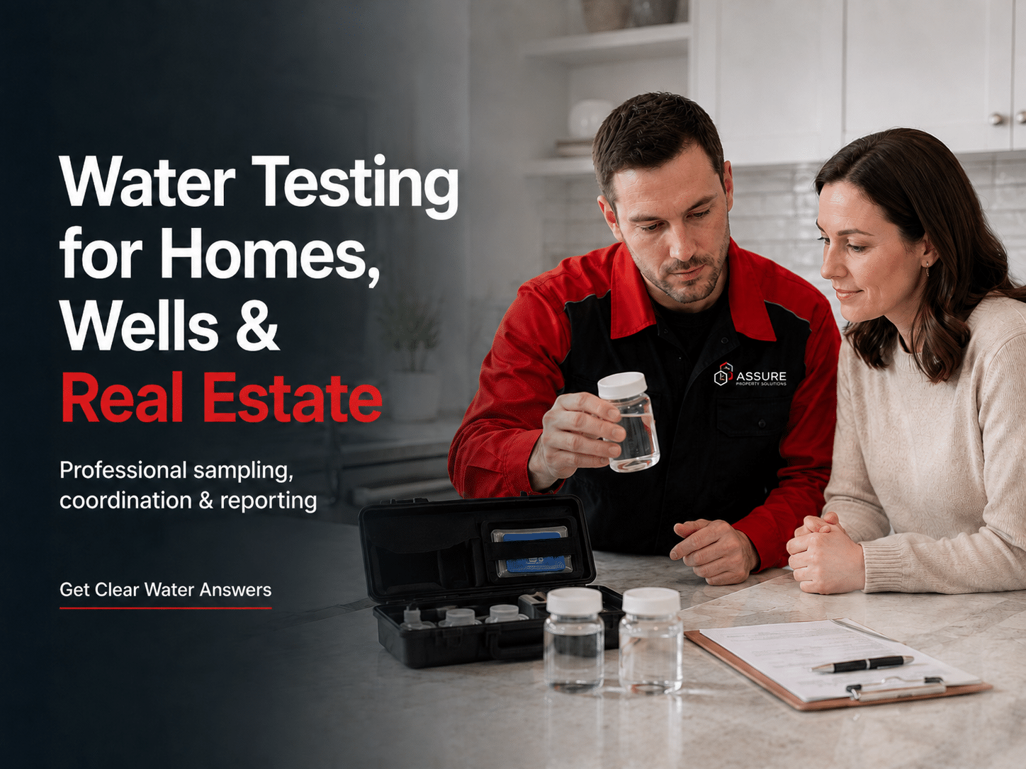 Water testing technician reviewing a water sample with a homeowner