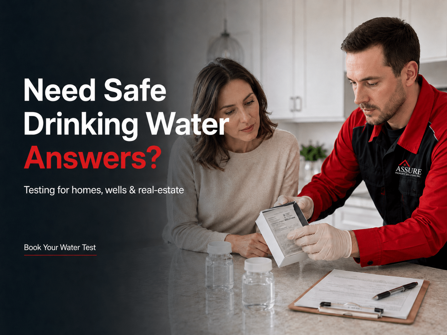 Water testing technician reviewing drinking water results with a homeowner