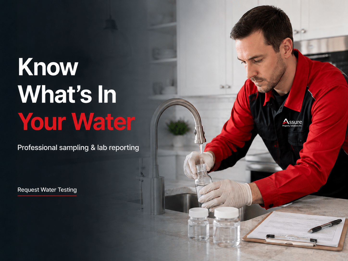 Water quality testing technician collecting a residential drinking water sample