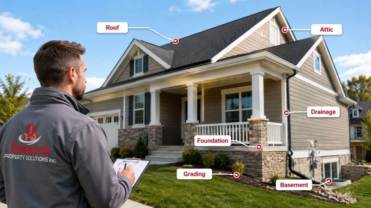 Assure Property Solutions inspector reviewing roof, attic, drainage, foundation, grading and basement areas during an annual building maintenance inspection.