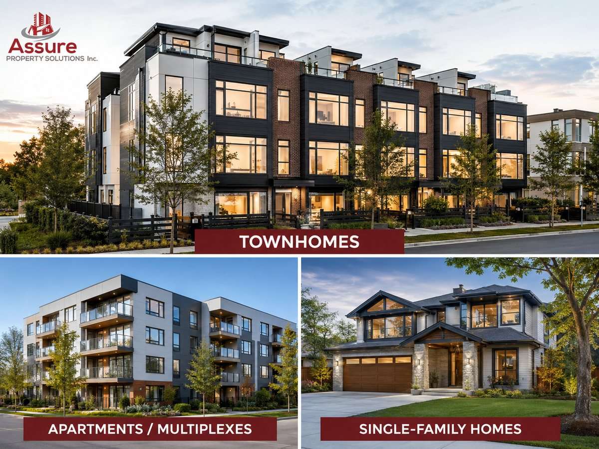 Townhomes, apartments, multiplexes and single-family homes served by Assure Property Solutions Inc. for annual building maintenance inspections.
