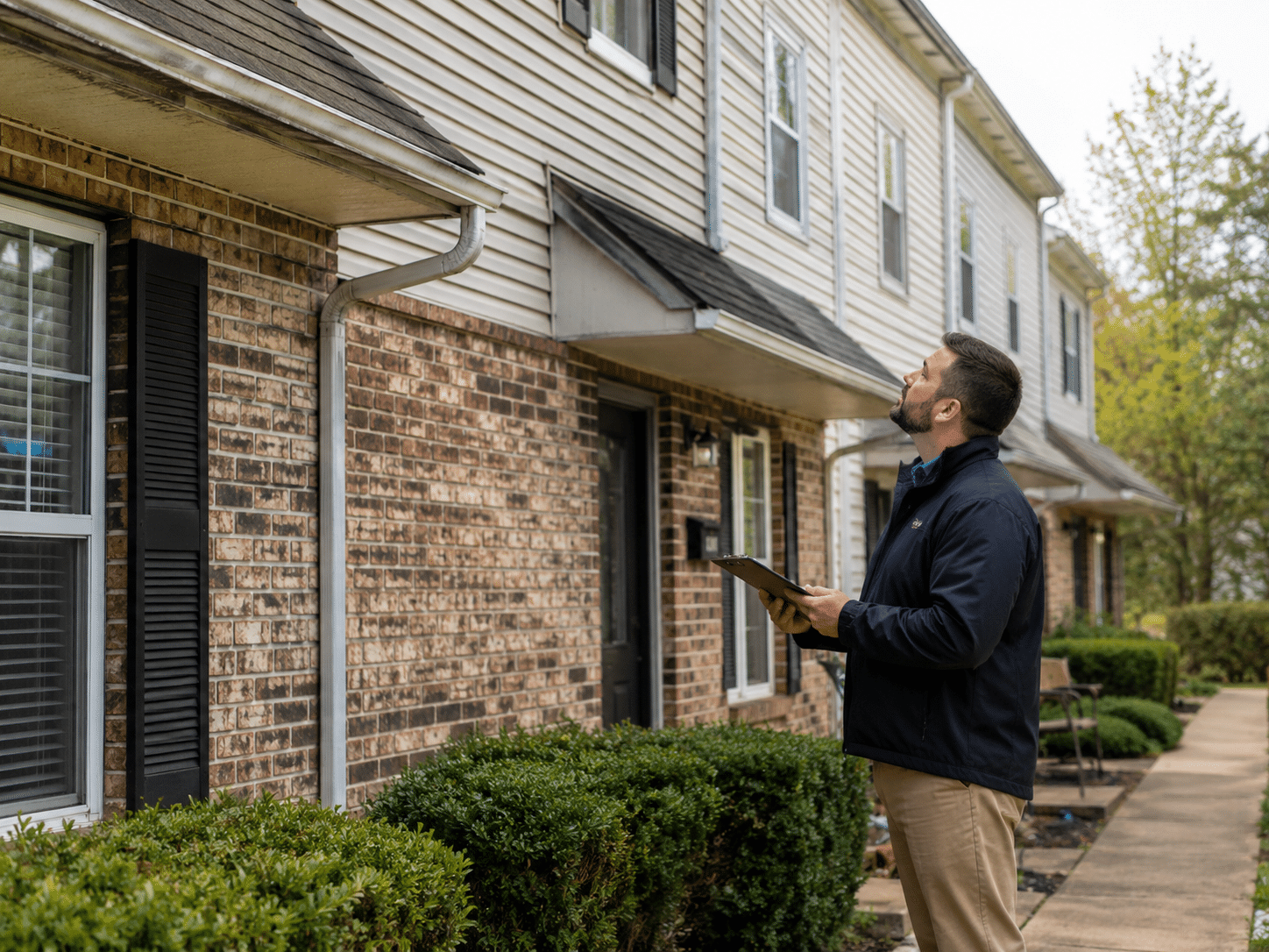 Professional inspector evaluating the exterior of a multi-unit residential building during an annual maintenance inspection.