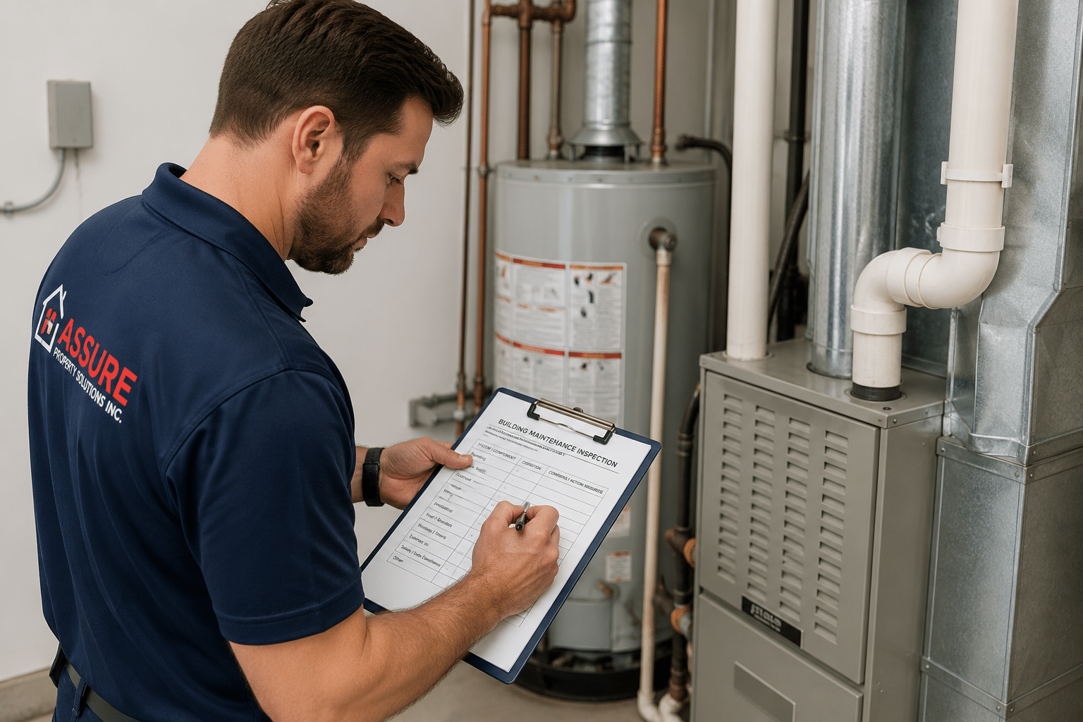 Inspector documenting heating, ventilation, plumbing, and mechanical systems during an annual building maintenance inspection.