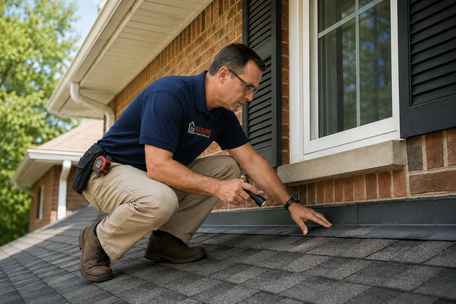 Assure Property Solutions inspector examining roof flashing and exterior components during an annual building maintenance inspection.