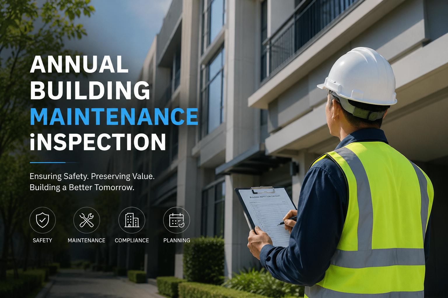 Professional inspector conducting an annual building maintenance inspection at a multi-unit residential property.